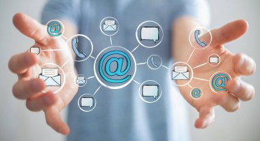 Çizilmiş grafik iletişim ve bağlantı ile tutan işadamı