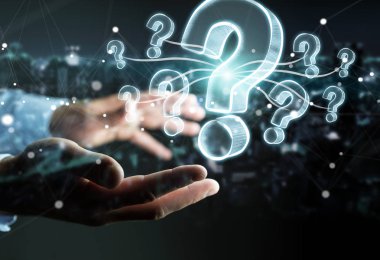 Elle çizilmiş soru işaretleri tutan işadamı