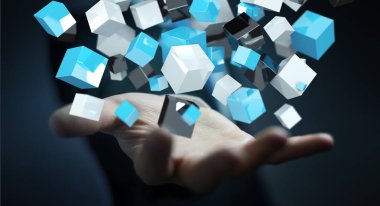 Mavi parlak küp ağ 3d renderin yüzen tutan işadamı