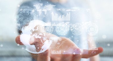 İşadamı hologram ekran dijital veriler 3d renderin ile kullanma