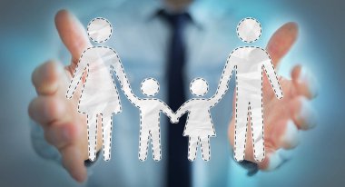 Aile arabirimi 3d render elinde tutan işadamı