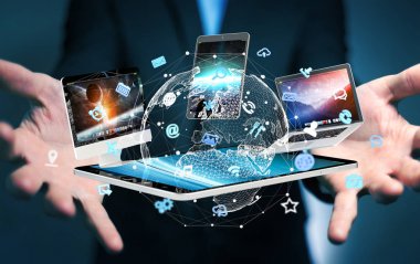 Teknoloji cihazları birbirine 3d render bağlamak işadamı