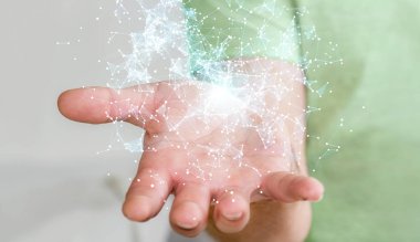 Uçan ağ bağlantısı 3d render tutan işadamı
