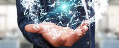 Uçan ağ bağlantısı 3d render tutan işadamı