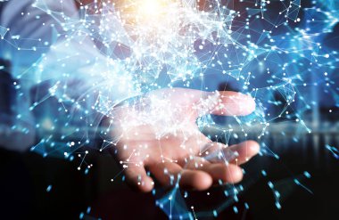 Uçan ağ bağlantısı 3d render tutan işadamı