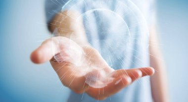 İşadamı 3d rende tarafından aktive uçan Dünya ağ arabirimi