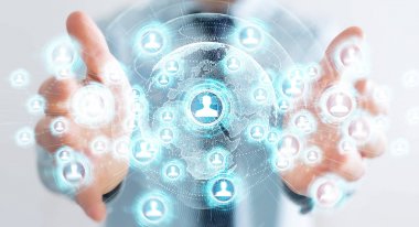 Sosyal ağ arabirimi 3d işlemesini kullanan iş adamı