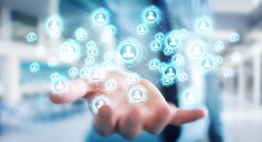 Sosyal ağ arabirimi 3d işlemesini kullanan iş adamı