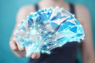 3d r işkadını dijital röntgen insan beyninde onu tutan el