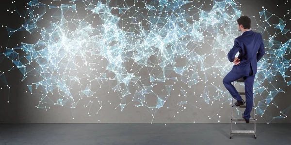 Bir duvara 3d render bağlantı ağ kullanarak iş adamı