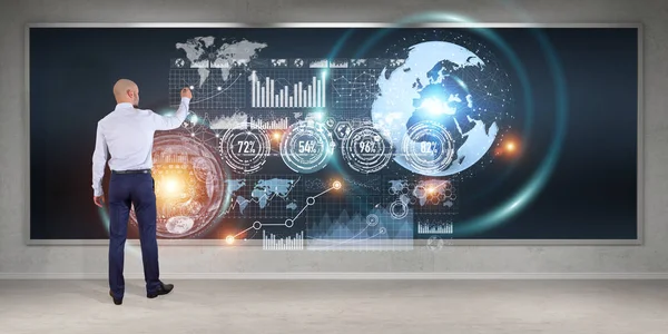 Üzerinde bir kurulu 3d renderin grafik ekranlar arabirimini kullanarak iş adamı