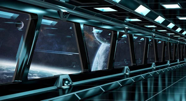 Spaceship corridor with view on distant planets system 3D render — Stock Photo, Image