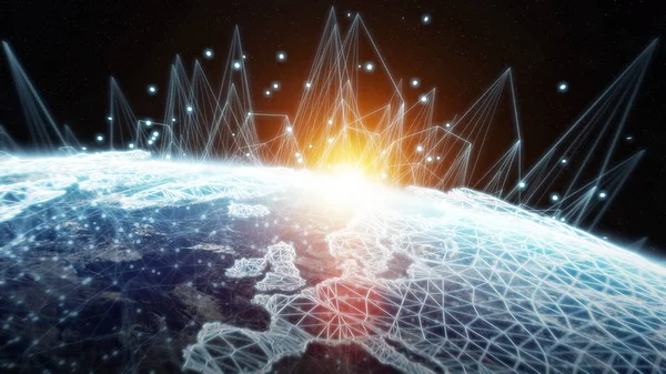 Intercambios globales de redes y datos sobre el planeta Tierra 3D rend —  Fotos de Stock