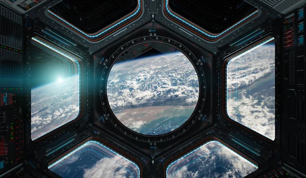 Vista del planeta Tierra desde una ventana de la estación espacial 3D renderizado el — Foto de Stock