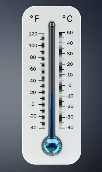 该值指示温度低的 3d 渲染冷白色温度计 — 图库照片