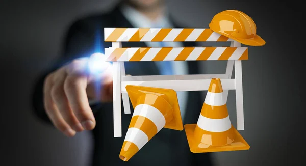 Businessman using digital 3D rendering under construction signs