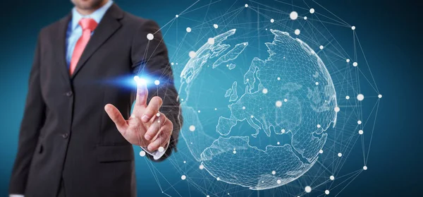 Küresel ağ seyyare yerküre 3d render tutan işadamı