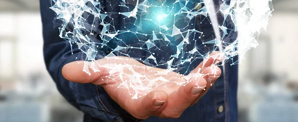 Uçan ağ bağlantısı 3d render tutan işadamı