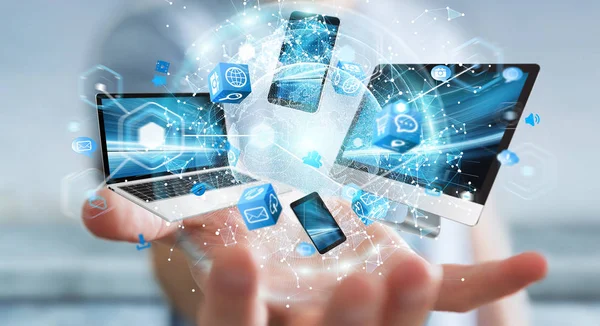 Teknik cihazlar birbirine işadamı 3d render tarafından bağlı