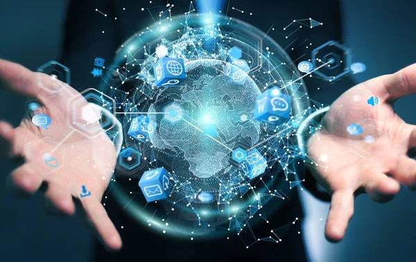 İşadamı 3d rende tarafından aktive uçan Dünya ağ arabirimi