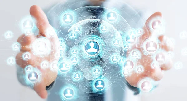 Sosyal ağ arabirimi 3d işlemesini kullanan iş adamı