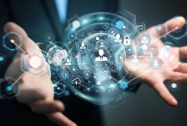 Sosyal ağ arabirimi 3d işlemesini kullanan iş adamı