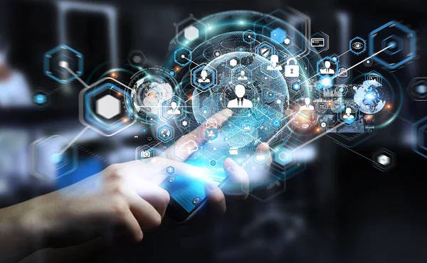 Sosyal ağ arabirimi 3d işlemesini kullanan iş adamı