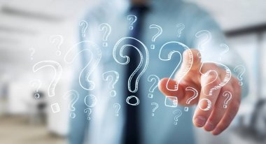 El dokunmadan işadamı soru işaretleri parmaklarıyla çizilmiş.