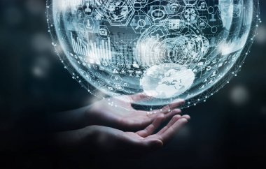 Hologram küre 3d render tutan işadamı