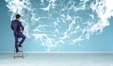 Bir duvara 3d render bağlantı ağ kullanarak iş adamı