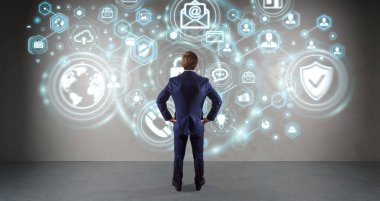 Onun veri kişisel bilgileri 3d renderin koruma işadamı