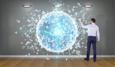 Bir duvar 3d re dijital planet earth arabirimini kullanarak iş adamı