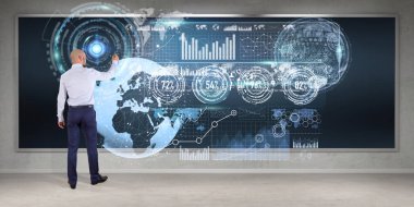 Üzerinde bir kurulu 3d renderin grafik ekranlar arabirimini kullanarak iş adamı