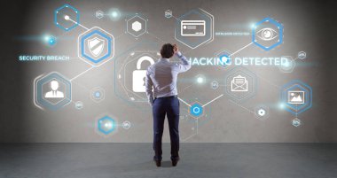 Bir duvar 3d render virüsten koruma arabirimini kullanarak iş adamı