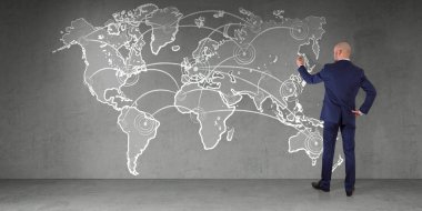 El yazması dünya harita bağlantısı bir duvara çizim işadamı 3d