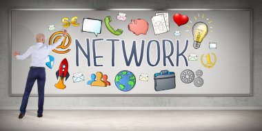 İşadamı üzerinde bir kurulu 3d renderin sosyal ağ kroki çizim