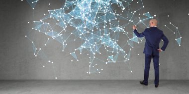 Bir duvara 3d render bağlantı ağ kullanarak iş adamı