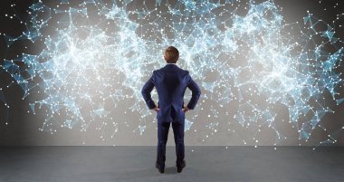 Bir duvara 3d render bağlantı ağ kullanarak iş adamı