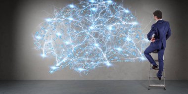 Bir duvar 3d render dijital beyin arabirimini kullanarak iş adamı