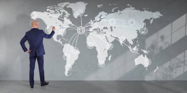 Bir duvar 3d re dijital planet earth arabirimini kullanarak iş adamı