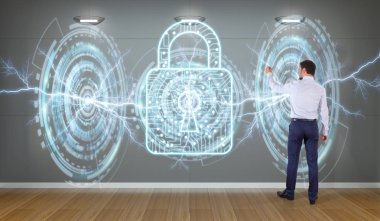 Bir duvar 3d render virüsten koruma arabirimini kullanarak iş adamı