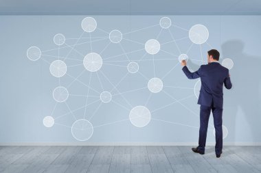 Üzerinde bir duvar 3d renderin sosyal ağ arabirimini kullanarak iş adamı