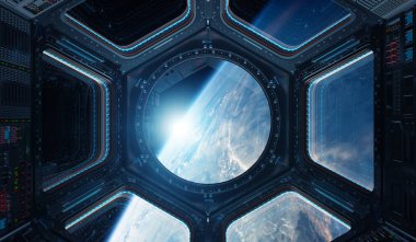 Bir uzay istasyonu pencere 3d işleme el Dünya gezegeninden görünümünü