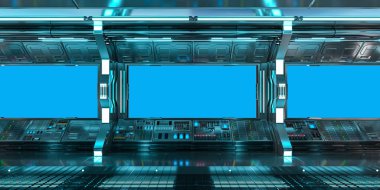 Uzay gemisi iç Oda mavi Windows 3B oluşturma