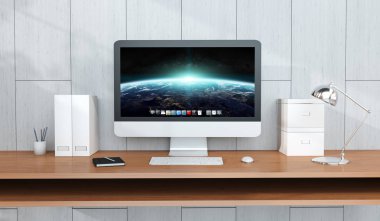 Bilgisayarı ve aygıtları 3d render ile modern işyeri iç