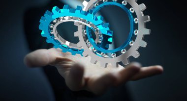 Kayan modern dişli mekanizması 3B oluşturmayı kullanarak iş adamı