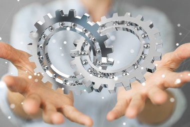 Kayan modern dişli mekanizması 3B oluşturmayı kullanarak iş kadını