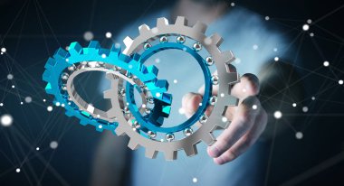 Kayan modern dişli mekanizması 3B oluşturmayı kullanarak iş adamı