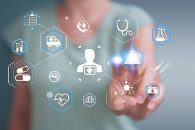 Modern tıbbi arabirimi 3d işlemesini kullanan iş kadını