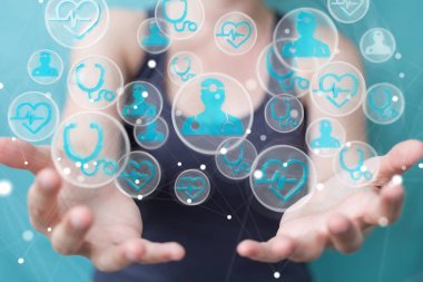 Modern tıbbi arabirimi 3d işlemesini kullanan iş kadını